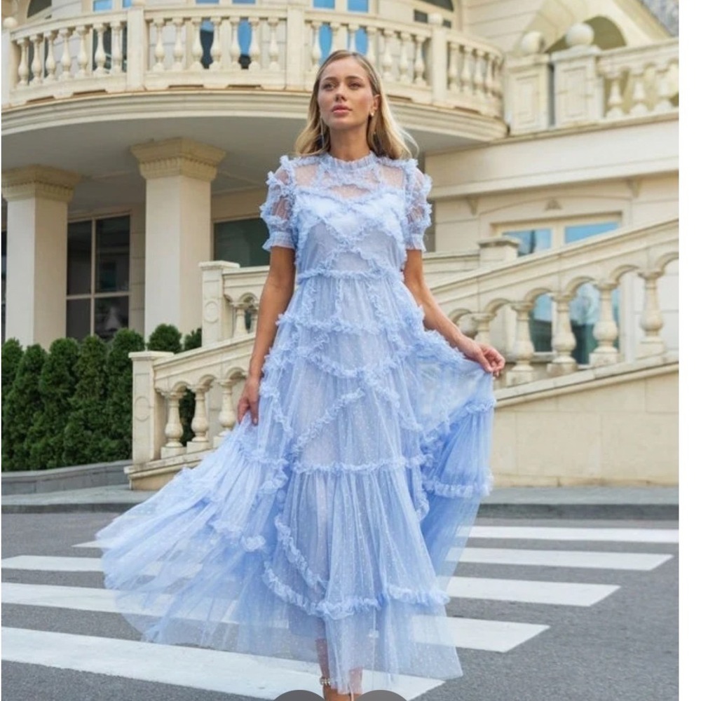 Catchall Maxi Dress Women XL New Blue Polka Dot Ruffle Tiered Mesh Tulle